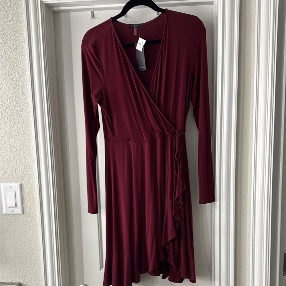 Soprano Ruffle Wrap Dress in Burgundy/Red Tannin Long Sleeves Ladies Size L